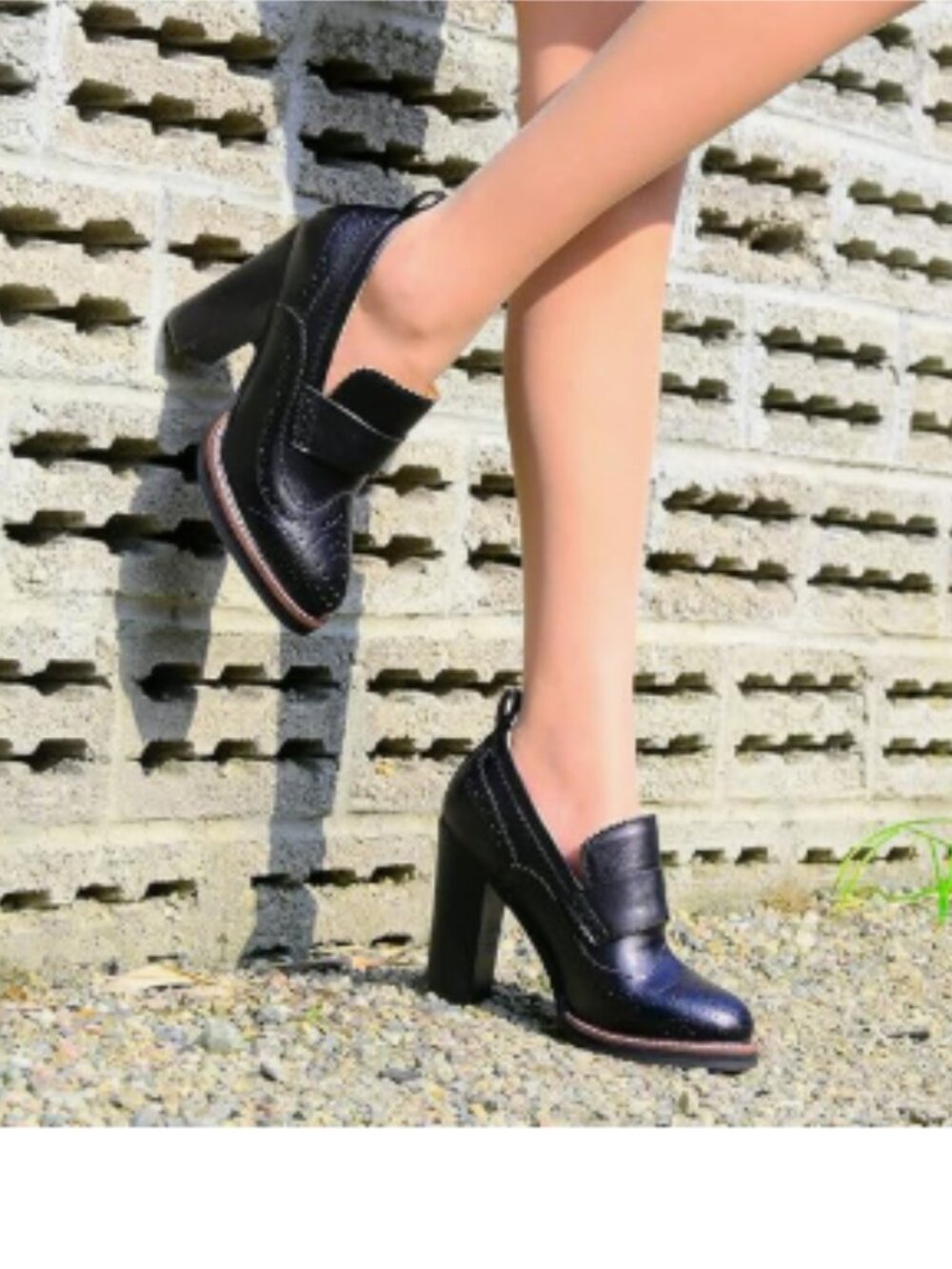 YDN Navy Chunky High Heels Round Toe Oxford Loafer Shoes Slip On Loafers